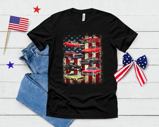 Vintage Classic Muscle Car Retro American Flag Patriotic T-Shirt