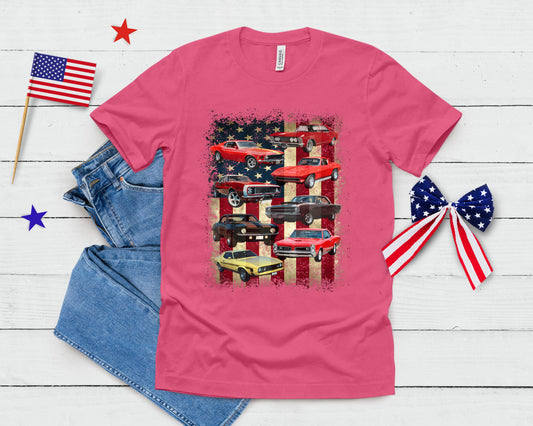 Vintage Classic Muscle Car Retro American Flag Patriotic T-Shirt