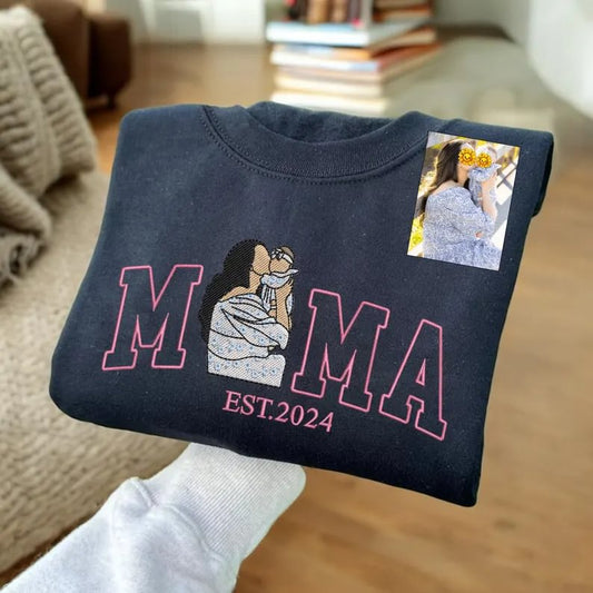 Embroidered Personalized Mama Portrait From Photo T-Shirt, Mothers Day Gift, Birthday Gift for Mom