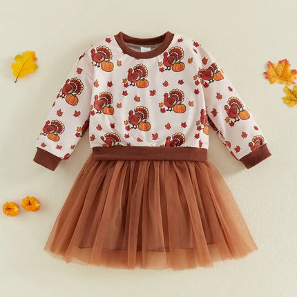 Kids Toddler Baby Girl Thanksgiving Outfit Turkey Print Long Sleeve Sweatshirt Dress Mesh Tulle Dresses Fall Clothes