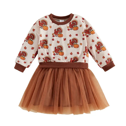 Kids Toddler Baby Girl Thanksgiving Outfit Turkey Print Long Sleeve Sweatshirt Dress Mesh Tulle Dresses Fall Clothes