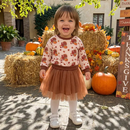 Kids Toddler Baby Girl Thanksgiving Outfit Turkey Print Long Sleeve Sweatshirt Dress Mesh Tulle Dresses Fall Clothes