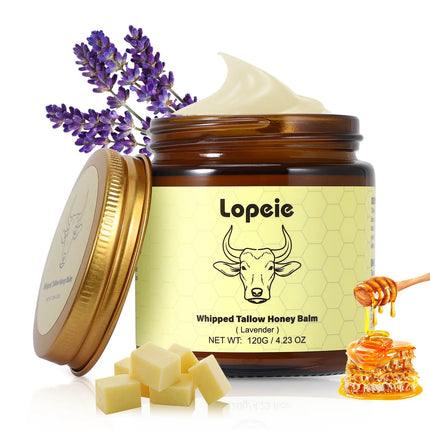 Lopeie Whipped Grass-Fed Beef Tallow Honey Balm - 4 Oz,Moisturizing Cream for Soft, Smooth Skin - Handmade All-Natural Moisturizer - Lavender