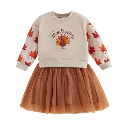 Kids Toddler Baby Girl Thanksgiving Outfit Turkey Print Long Sleeve Sweatshirt Dress Mesh Tulle Dresses Fall Clothes