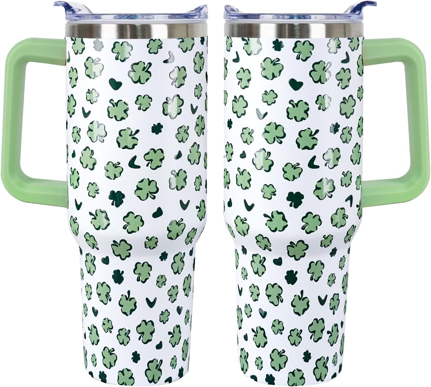 40 Oz St Patricks Day Tumbler 3d-Printed Green Irish Shamrocks Tumbler Clover Gifts for Women Men Insulated Travel Cup with Handle Lid and Straw