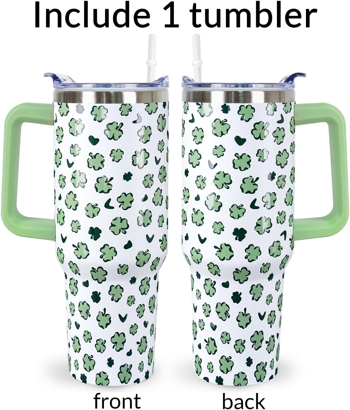 40 Oz St Patricks Day Tumbler 3d-Printed Green Irish Shamrocks Tumbler Clover Gifts for Women Men Insulated Travel Cup with Handle Lid and Straw