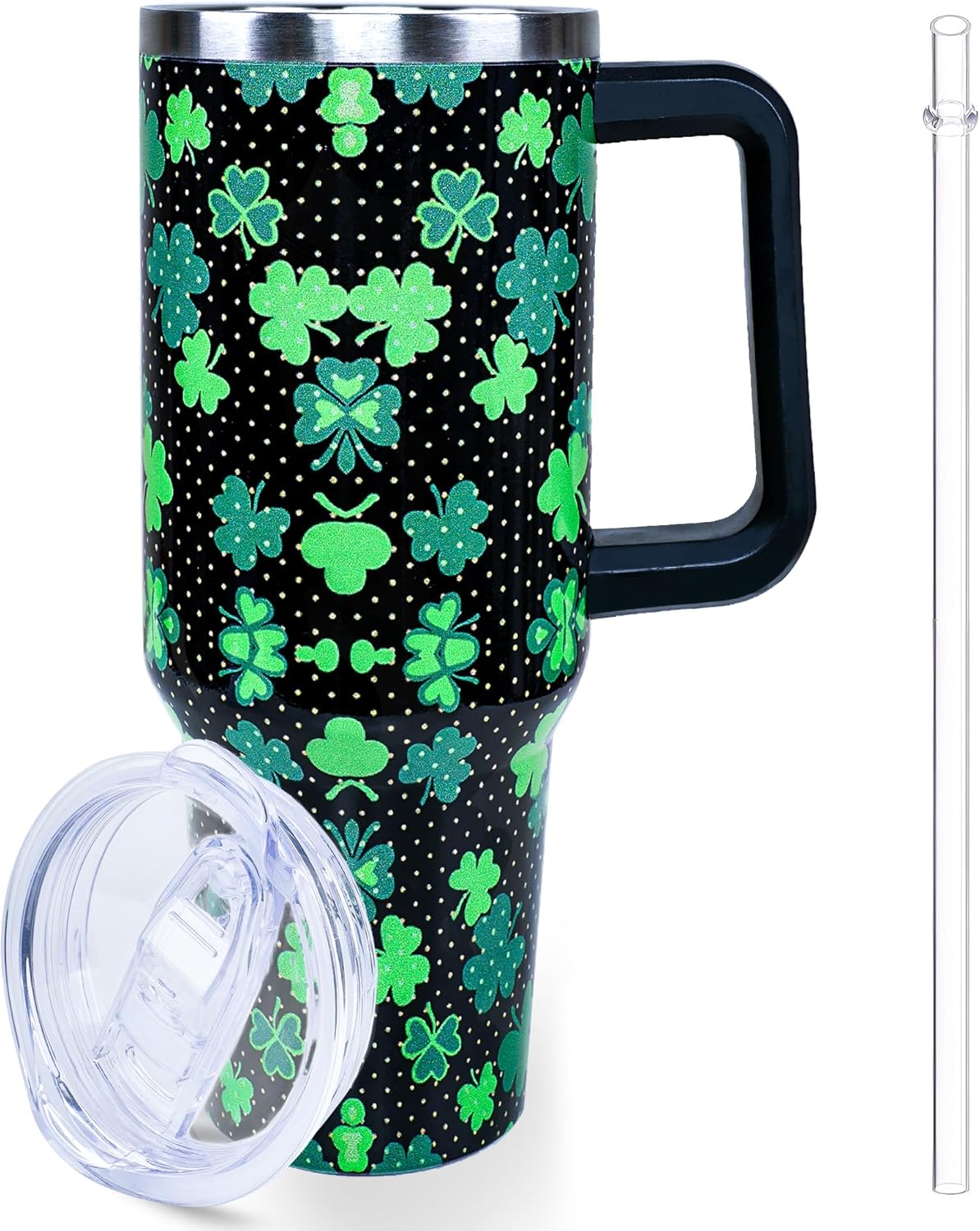 40oz St Patricks Day Tumbler with Handle and Straw, Green Irish Shamrocks Stainless Steel Travel Mug Water Bottle, Vacuum Insulated Cup