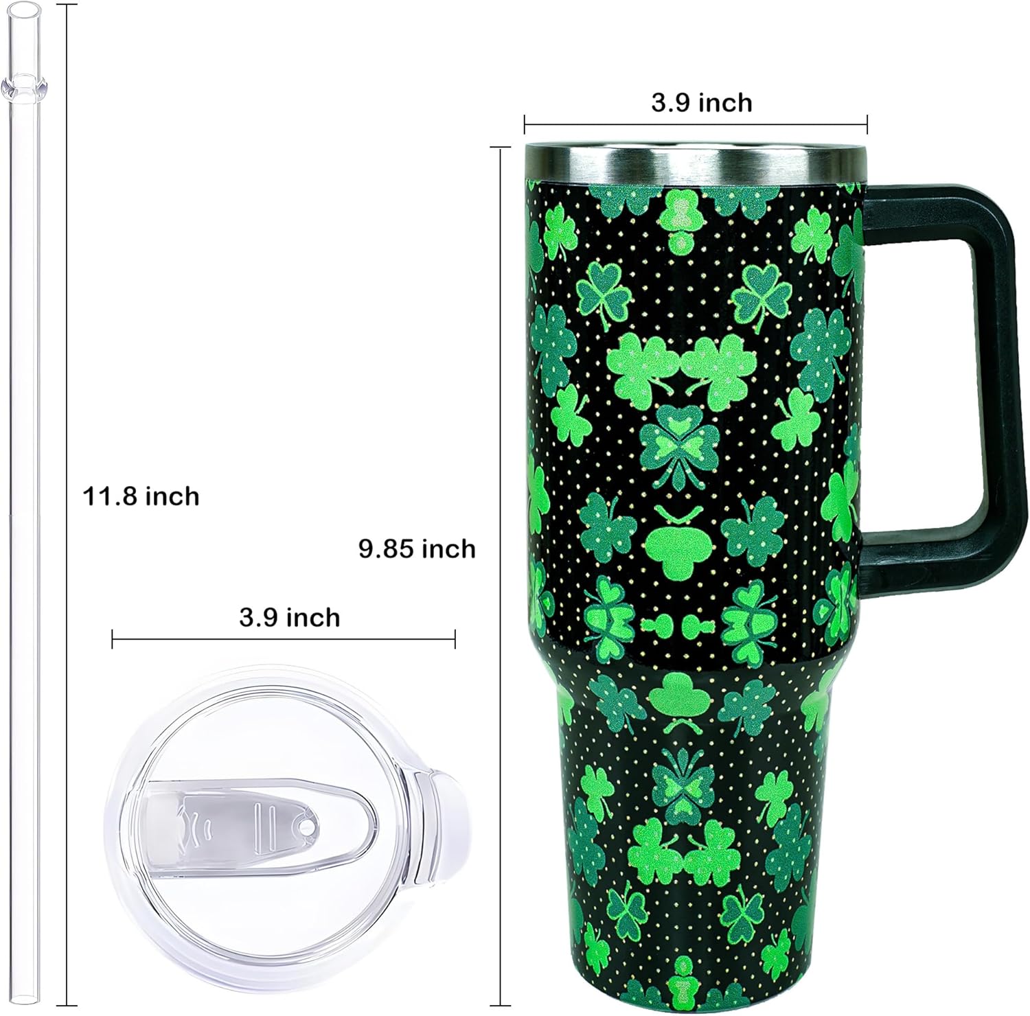 40oz St Patricks Day Tumbler with Handle and Straw, Green Irish Shamrocks Stainless Steel Travel Mug Water Bottle, Vacuum Insulated Cup