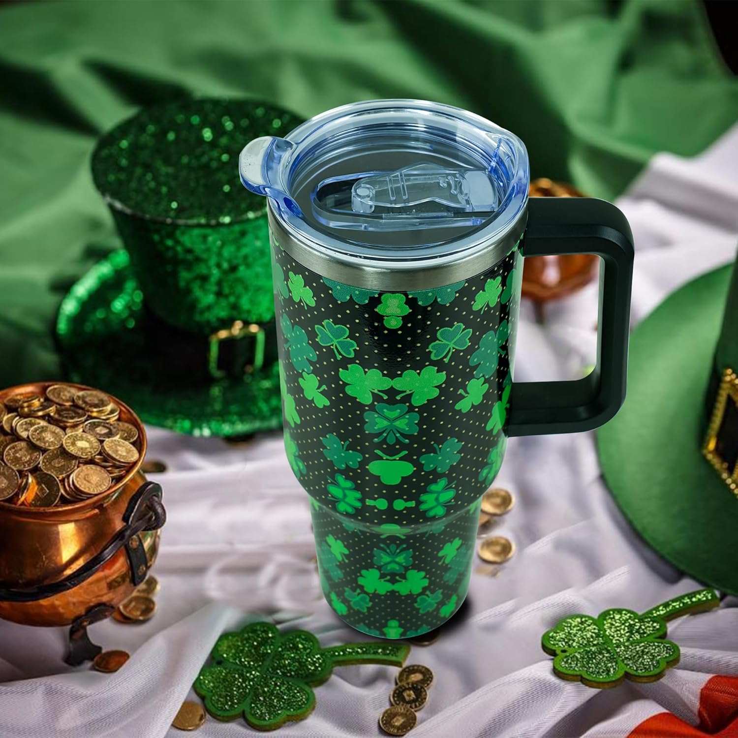 40oz St Patricks Day Tumbler with Handle and Straw, Green Irish Shamrocks Stainless Steel Travel Mug Water Bottle, Vacuum Insulated Cup