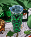 40oz St Patricks Day Tumbler with Handle and Straw, Green Irish Shamrocks Stainless Steel Travel Mug Water Bottle, Vacuum Insulated Cup