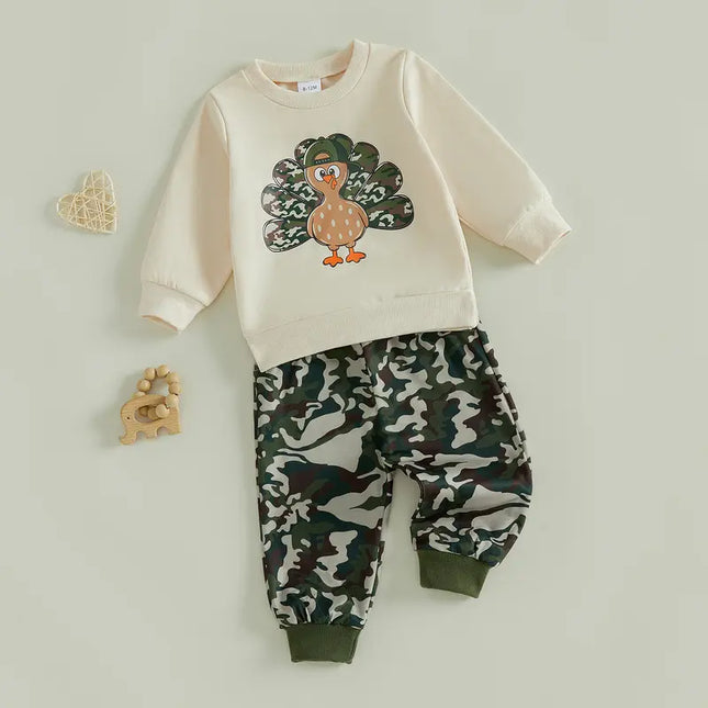 Toddler Baby Little Boy Thanksgiving Outfit Turkey Print Sweatshirt and Camouflage Pants Set Fall Winter 6M-4T