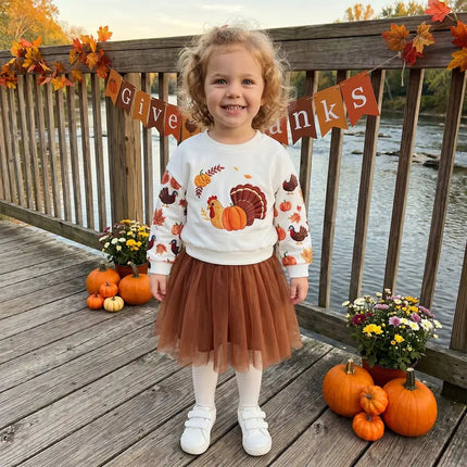 Kids Toddler Baby Girl Thanksgiving Outfit Turkey Print Long Sleeve Sweatshirt Dress Mesh Tulle Dresses Fall Clothes