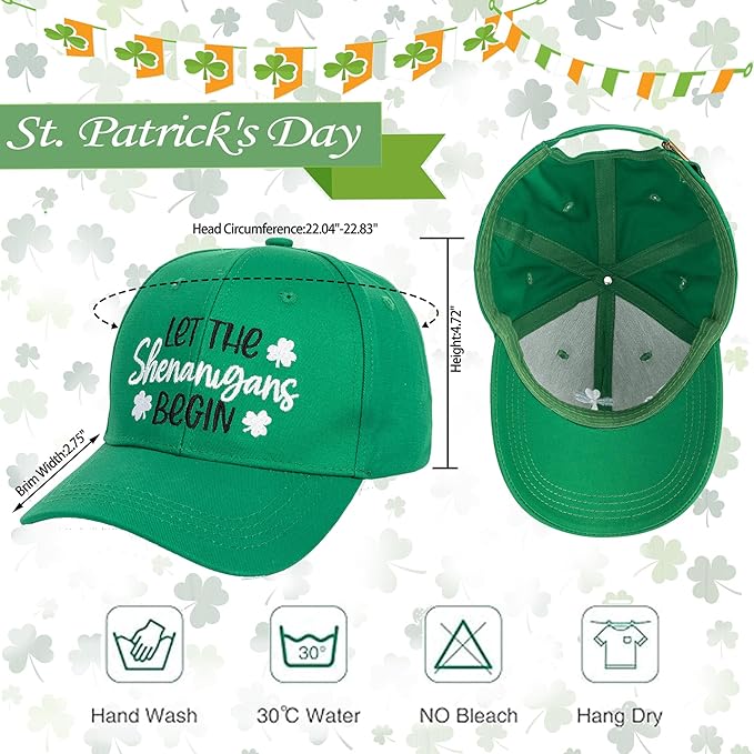 Adjustable Cotton Green Baseball Cap, St. Patrick's Day Embroidered Shamrock Baseball Hat, Irish Lucky Clover Trucker Hats for Women Men