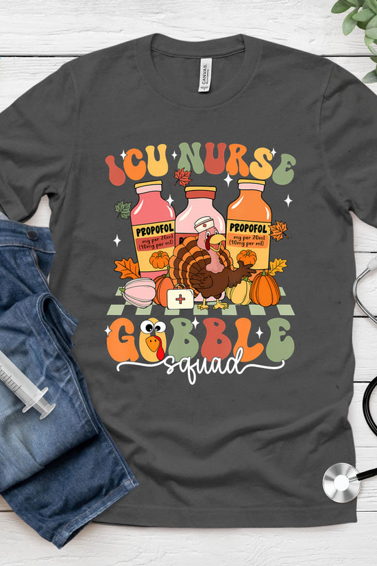 Thanksgiving Icu Nurse Gobble Squad Fall Scrub T-Shirt