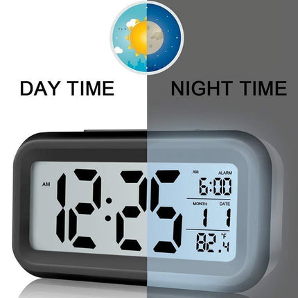 Battery Operated Digital Alarm Clock with Indoor Temperature, Light Sensor, Backlight Display for Bedroom and Office
