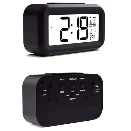 Battery Operated Digital Alarm Clock with Indoor Temperature, Light Sensor, Backlight Display for Bedroom and Office