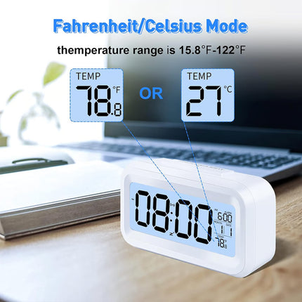 Battery Operated Digital Alarm Clock with Indoor Temperature, Light Sensor, Backlight Display for Bedroom and Office
