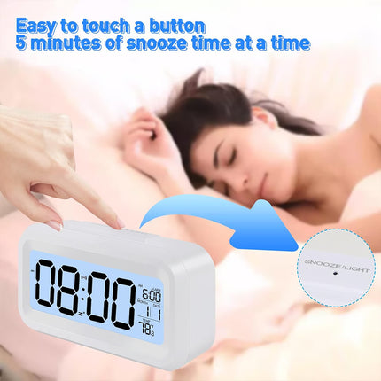 Battery Operated Digital Alarm Clock with Indoor Temperature, Light Sensor, Backlight Display for Bedroom and Office