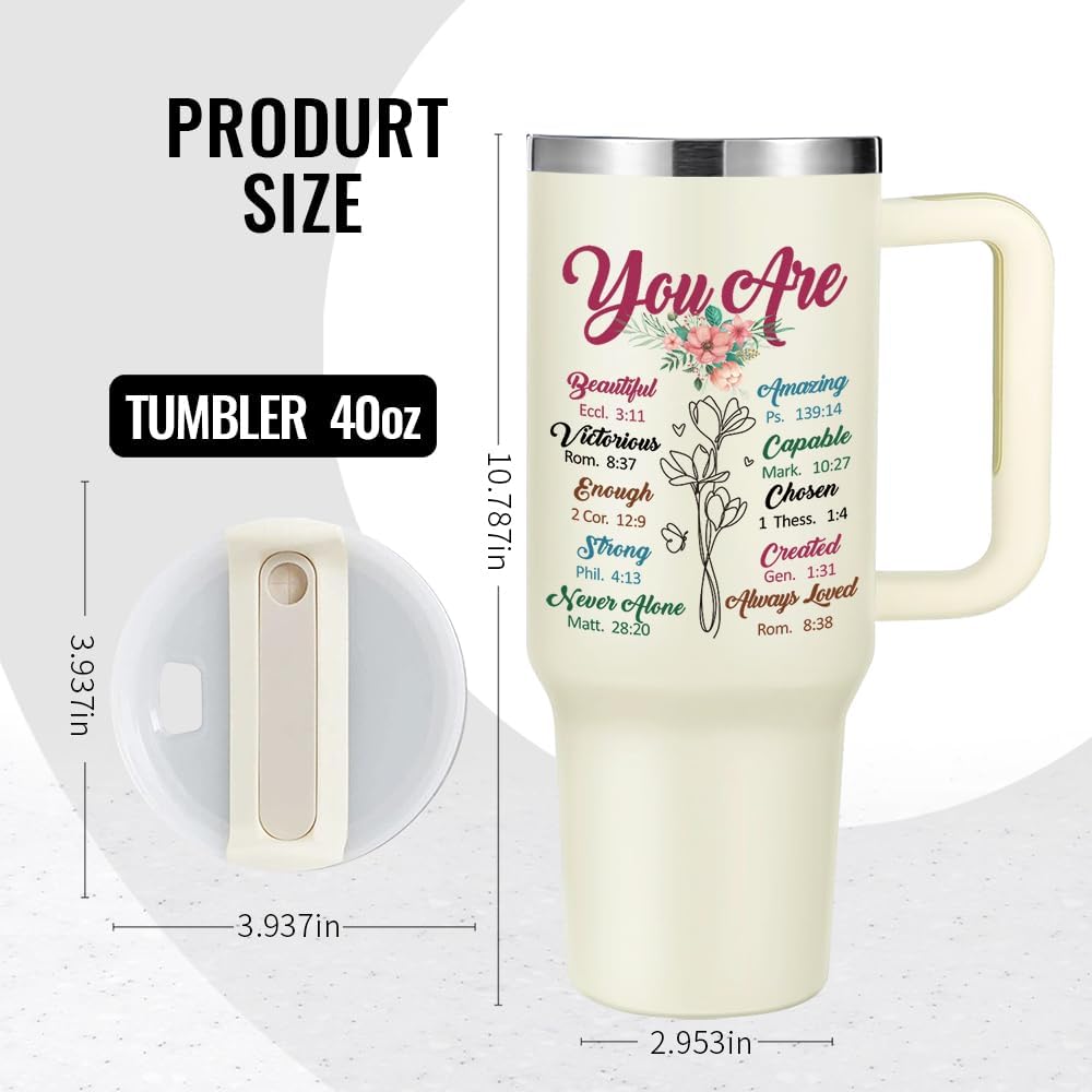 Bible Tumbler Christian Gifts for Women You Are Beautiful 40oz Christian Tumbler Faith Gifts for Christian Woman Mom Religious Tumblers with Handle for Women Faith