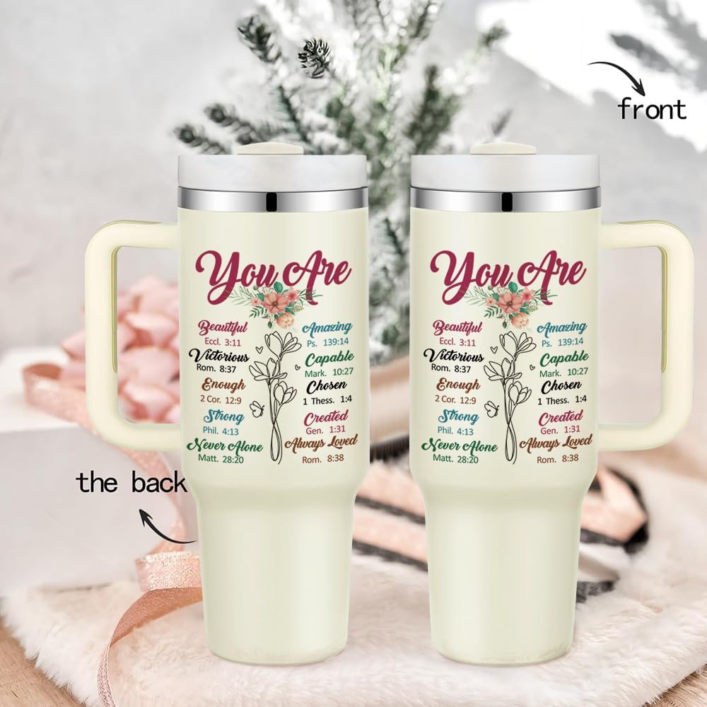 Bible Tumbler Christian Gifts for Women You Are Beautiful 40oz Christian Tumbler Faith Gifts for Christian Woman Mom Religious Tumblers with Handle for Women Faith