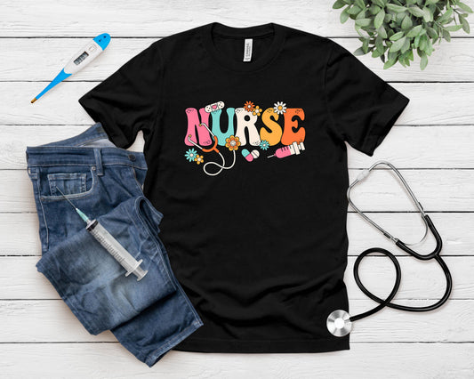Cute Retro Groovy Nurse Flower Nursing T-Shirt