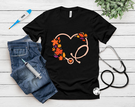 Fall Stethoscope Nurse Thanksgiving Nursing Autumn Scrub Top T-Shirt