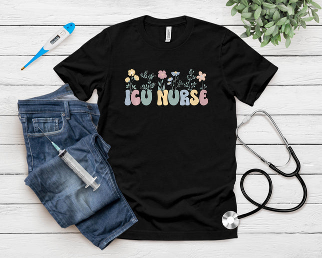 Groovy Icu Nurse Flowers Intensive Care Unit Nurse T-Shirt