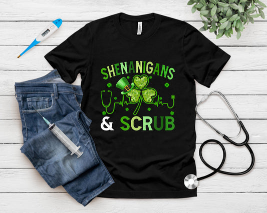 Funny Shenanigans Scrubs Shamrocks Nurse St Patrick's Day T-Shirt