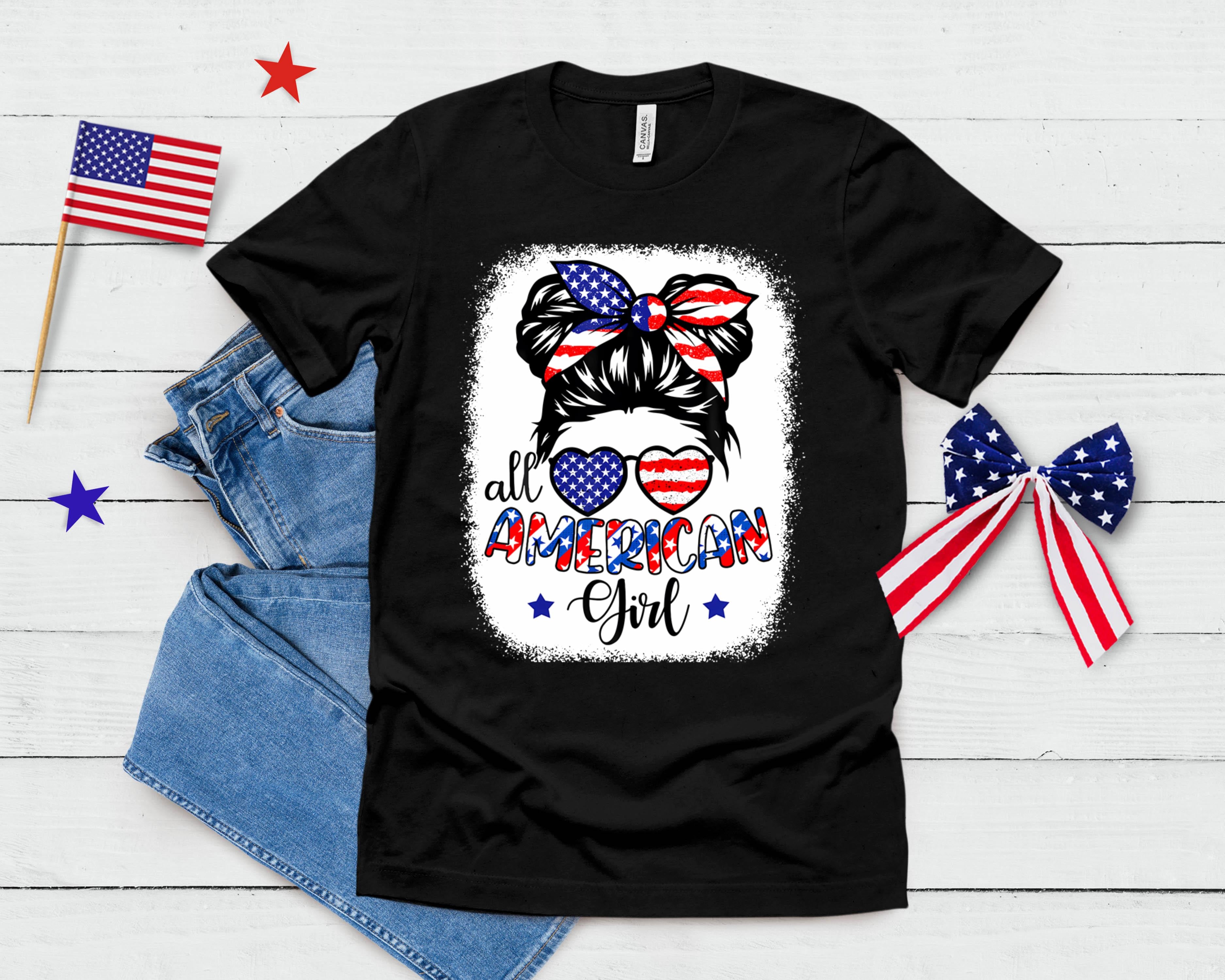 4th Of July All American Girl Messy Bun Us Flag Kids Toddler T-Shirt