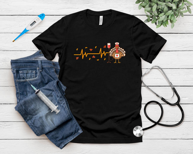 Thanksgiving Nurse Heartbeat Turkey Fall Scrub Top Women Men T-Shirt