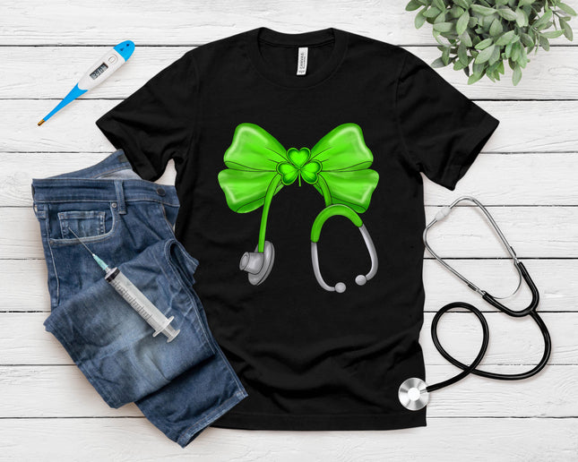 St Patricks Day Shamrock Coquette Bow Nurse Scrub Top Women T-Shirt