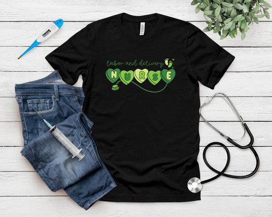 Labor And Delivery Nurse Hearts Candy St Patrick's Day Women T-Shirt