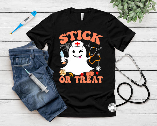 Stick Or Treat Nurse Funny Halloween Costume T-Shirt