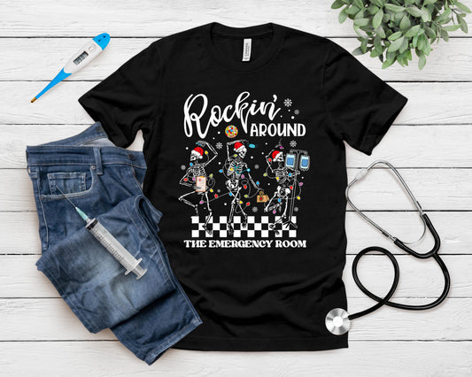 Er Christmas Nurse Rockin Around The Emergency Room Skeleton T-Shirt