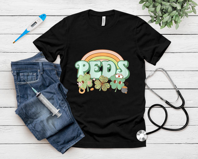 Retro Pediatrics Nurse St Patrick'S Day Rainbow Shamrock T-Shirt
