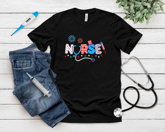 Nurse 4th Of July American Flag Patriotic Usa Stethoscope T-Shirt