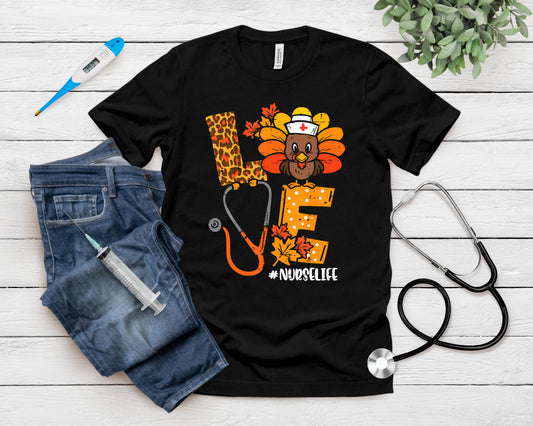 Love Turkey Thanksgiving Nurse Life Fall Scrub Top Women T-Shirt