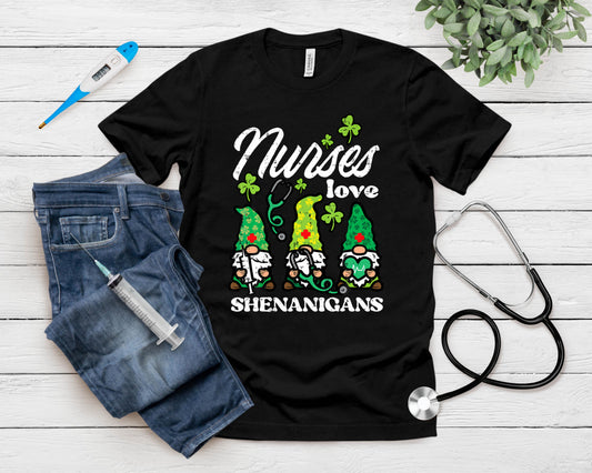 St Patricks Nurses Love Shenanigans Gnomes Scrub Top Women T-Shirt