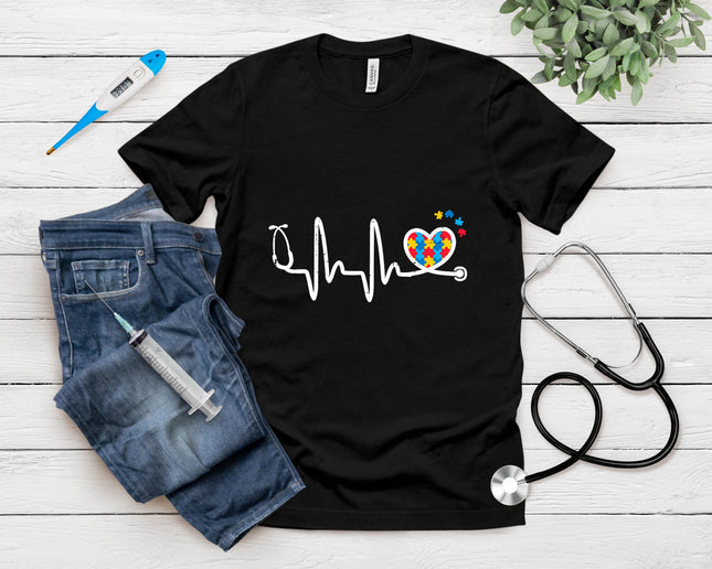 Autism Heartbeat Stethoscope Nurse Awareness Scrub Men Women T-Shirt