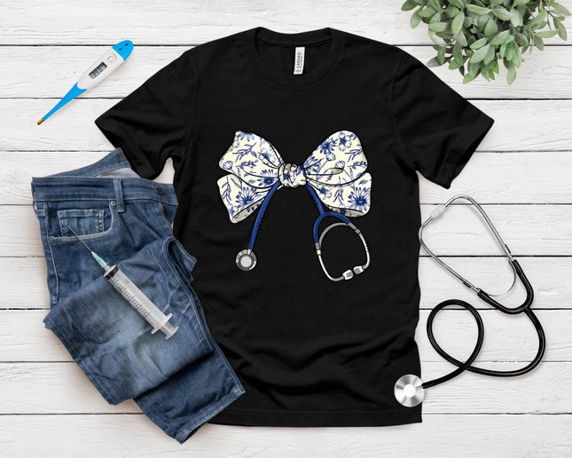 Floral Blue Coquette Bow Nurse Stethoscope Nursing Doctor T-Shirt