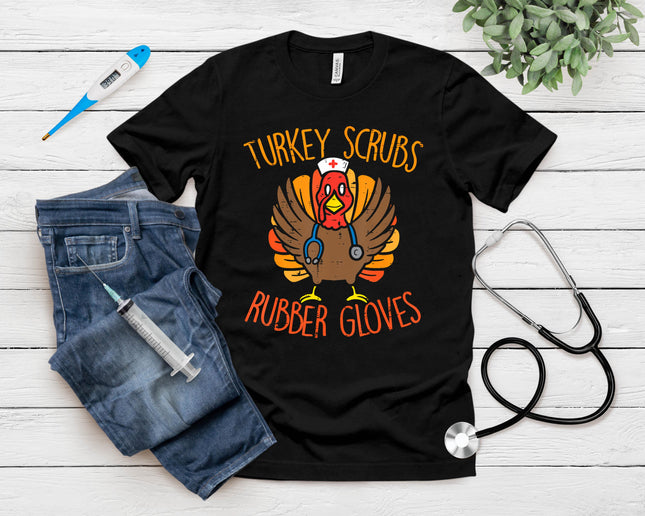 Turkey Scrubs Rubber Gloves Nurse Thanksgiving Fall Women T-Shirt
