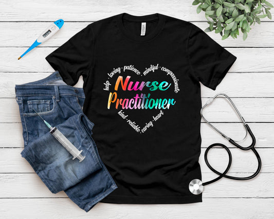 Nurse Practitioner Heart Word Cloud Watercolor Rainbow T-Shirt