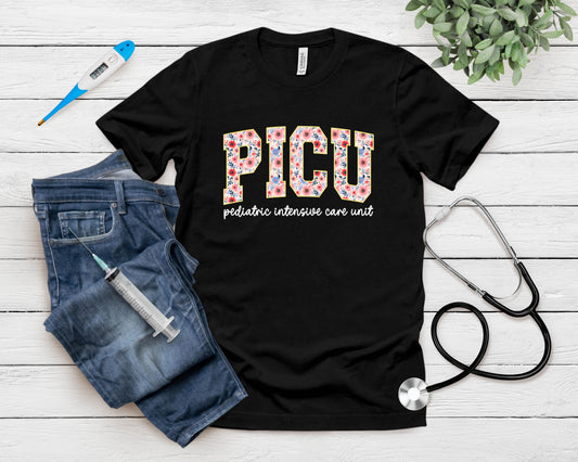 Retro Floral Picu Nurse Flower Pediatric Icu Nurse Rn Nurse T-Shirt