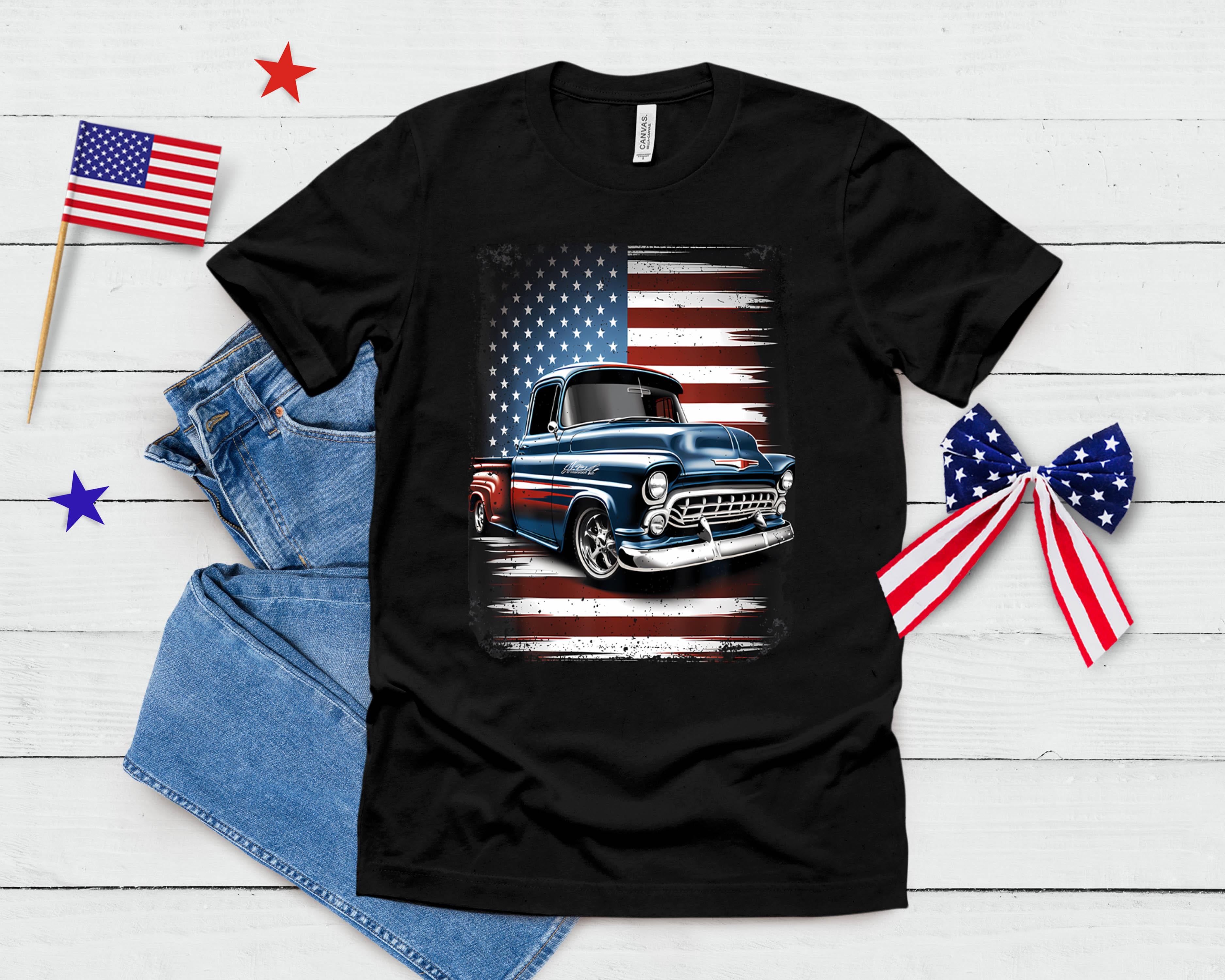 Classic Old Pickup Truck American Flag 4th Of July Patriotic T-Shirt