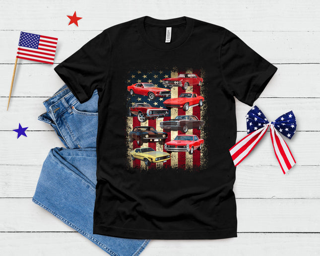 Vintage Classic Muscle Car Retro American Flag Patriotic T-Shirt