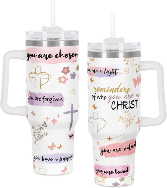 Christian Affirmation Tumbler, Religious Inspiration Gift for Christian Women, Christian Bible Verse 40 Oz Tumbler with Handle