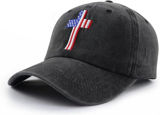 Christian American Flag Cross Jesus Hat, Adjustable Embroidered US Independence Day Patriotic Baseball Cap