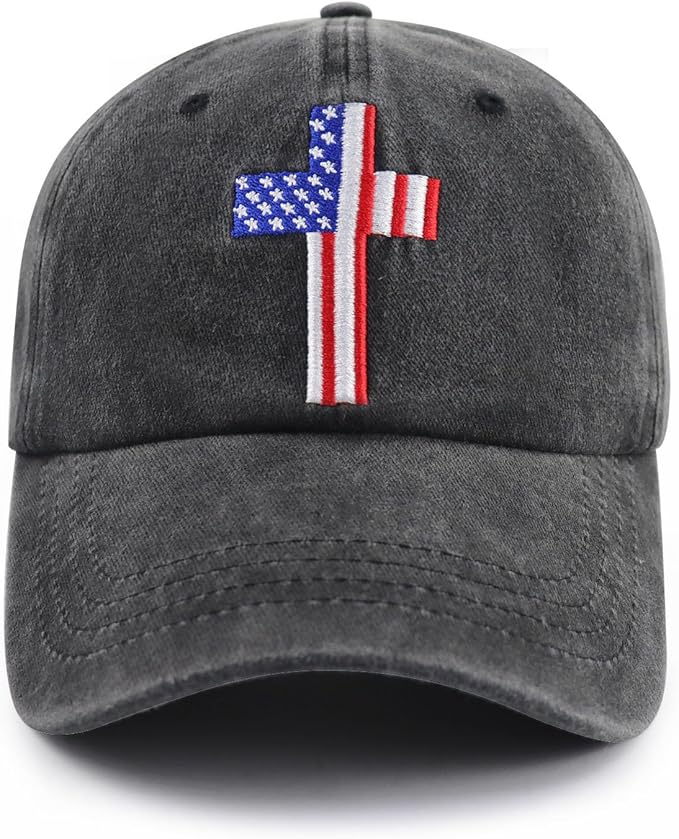 Christian American Flag Cross Jesus Hat, Adjustable Embroidered US Independence Day Patriotic Baseball Cap