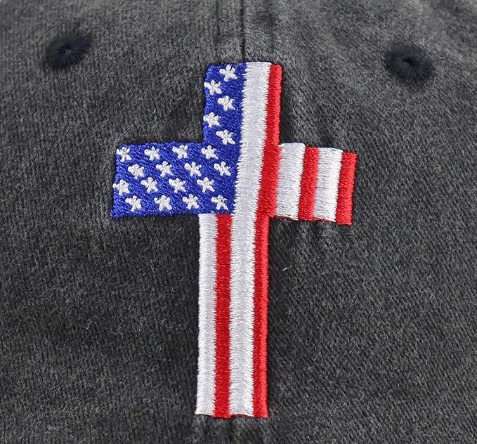 Christian American Flag Cross Jesus Hat, Adjustable Embroidered US Independence Day Patriotic Baseball Cap