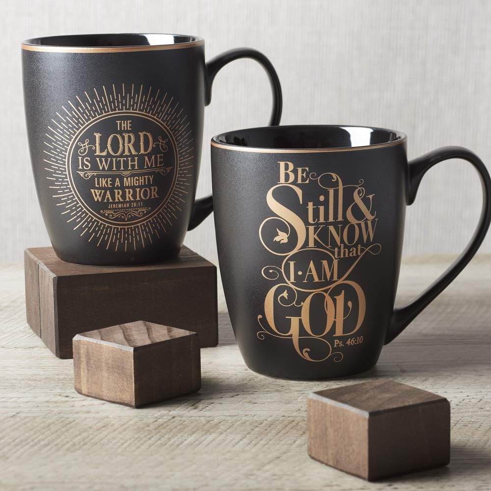 Christian Art Gifts Black Stoneware Coffee Mug with Gold Rim for Women and Men – 12 oz